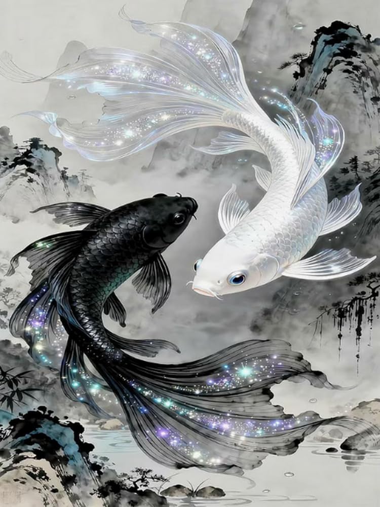 Renqidian Pre Printed Cross Stitch Kits Black and White Goldfish 11CT Stamped Embroidery Kit DIY Needlework Art for Adults Beginners Home Decor（40x50 cm）