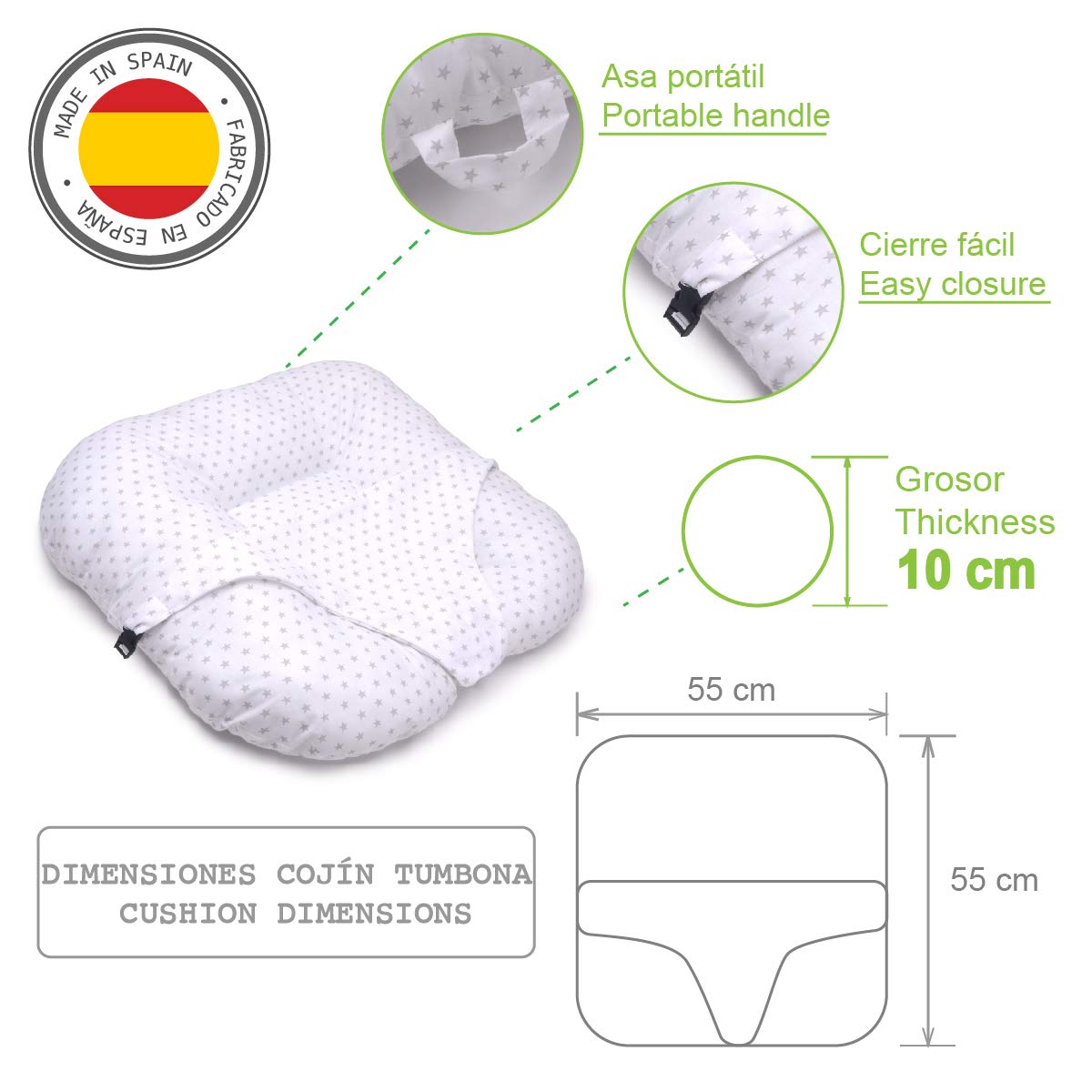 Coussin nid 55 x 55 cm transat hamac nouveau-né bébé portable 10 cm épaisseur étoiles