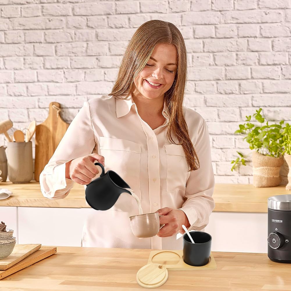 Set latte e zucchero con coperchio e cucchiaio, brocca per latte in ceramica con vassoio in legno, brocca per latte in ceramica nera e zuccheriera con vassoio in legno, adatto al microonde e