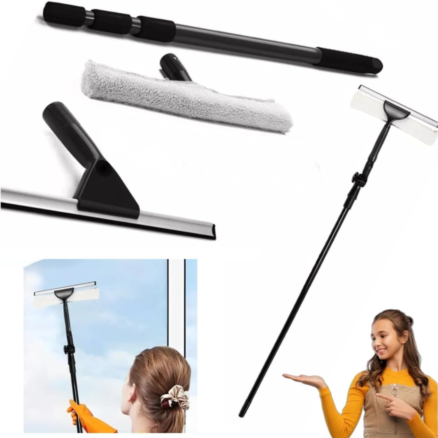 3.5M Professional Telescopic Window Cleaning Pole with Squeegee and Soft Rubber Mop Heavy Duty Extendable Long Pole for Indoor/Outdoor Windows, Glass, and Conservatory