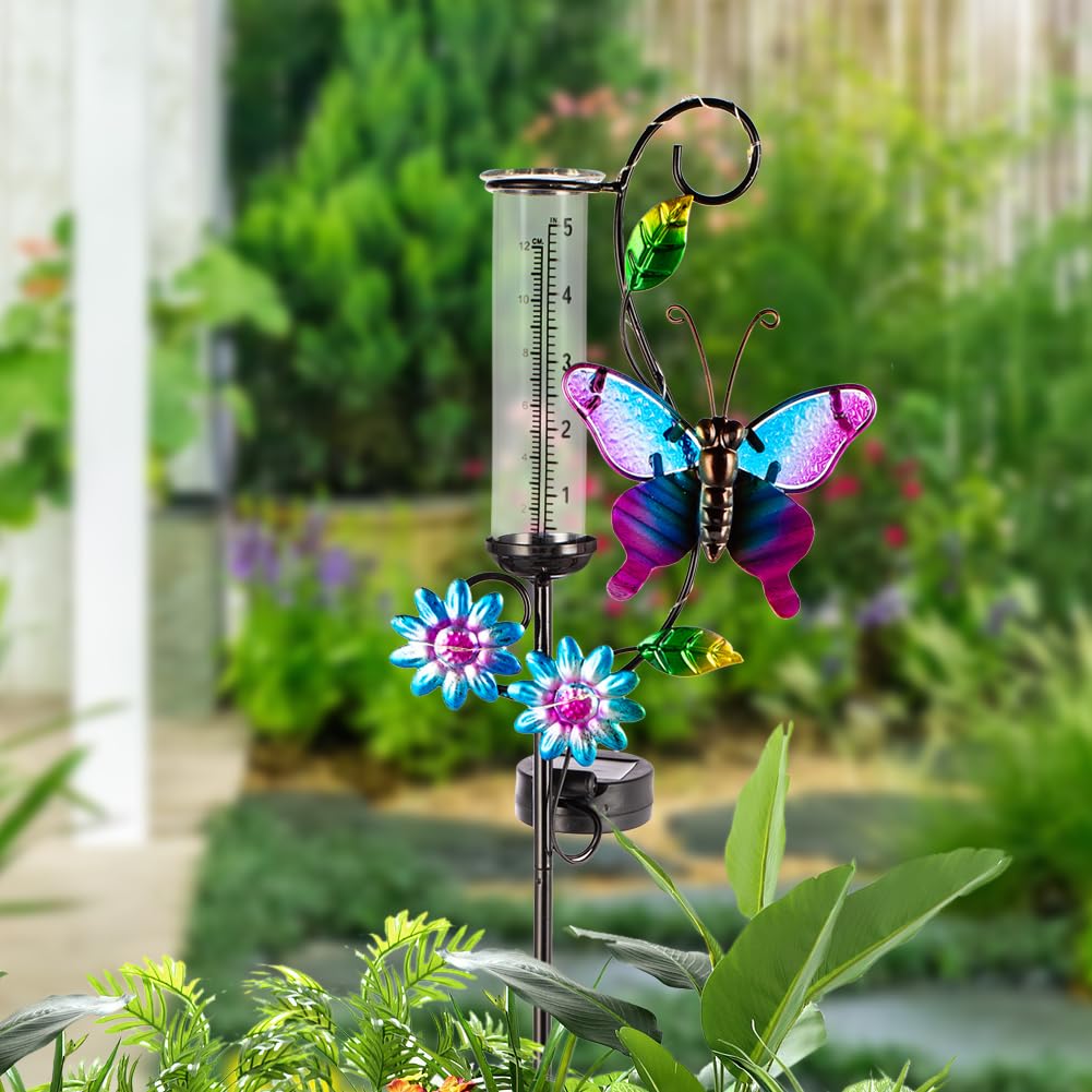 Schmetterlings-Regenmesser mit 12,7 cm Glasrohr, Solar-Regenmesser mit LED-Lichtern, Regenwassermessgerät Dekor für Terrasse, Garten, Hof, Messung von Niederschlag