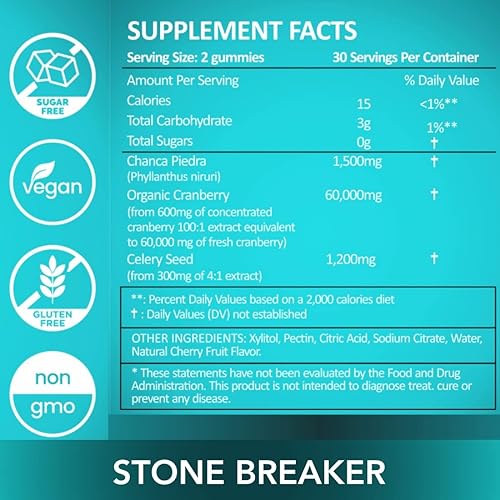 Miniatura 5 de Stone Breaker Chanca Piedra - Gomitas de 1,500 mg para limpiar la vesícula biliar  Plus extracto de arándano podría ayudar a eliminar las impurezas