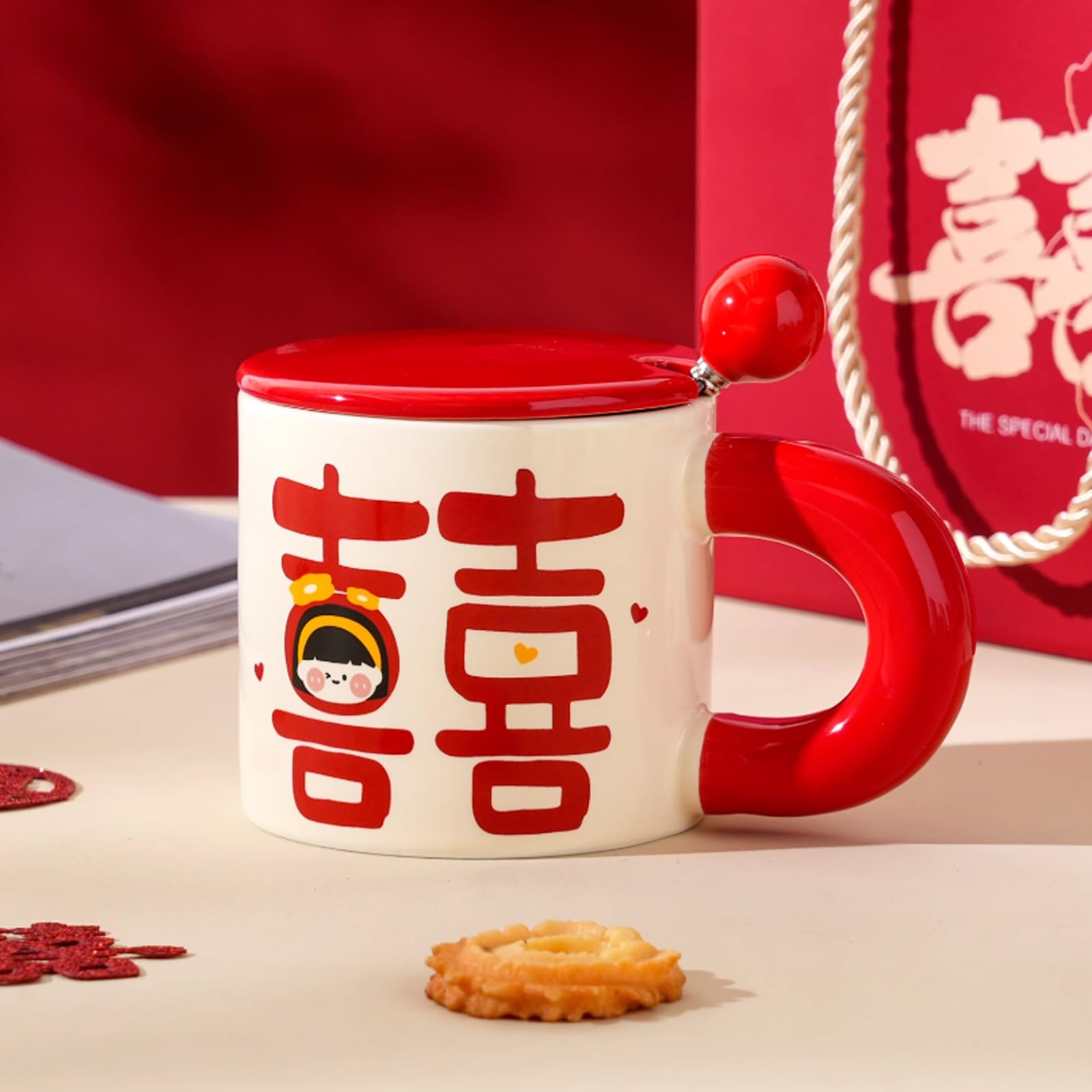 Tazza da tè dal Design Unico, Tazza in Ceramica con Coperchio e Cucchiaio a Forma di Ragazzo Felice, da Caffè da 380 Ml per tè e Caffè, Grazioso Regalo di San o Natale(Red)