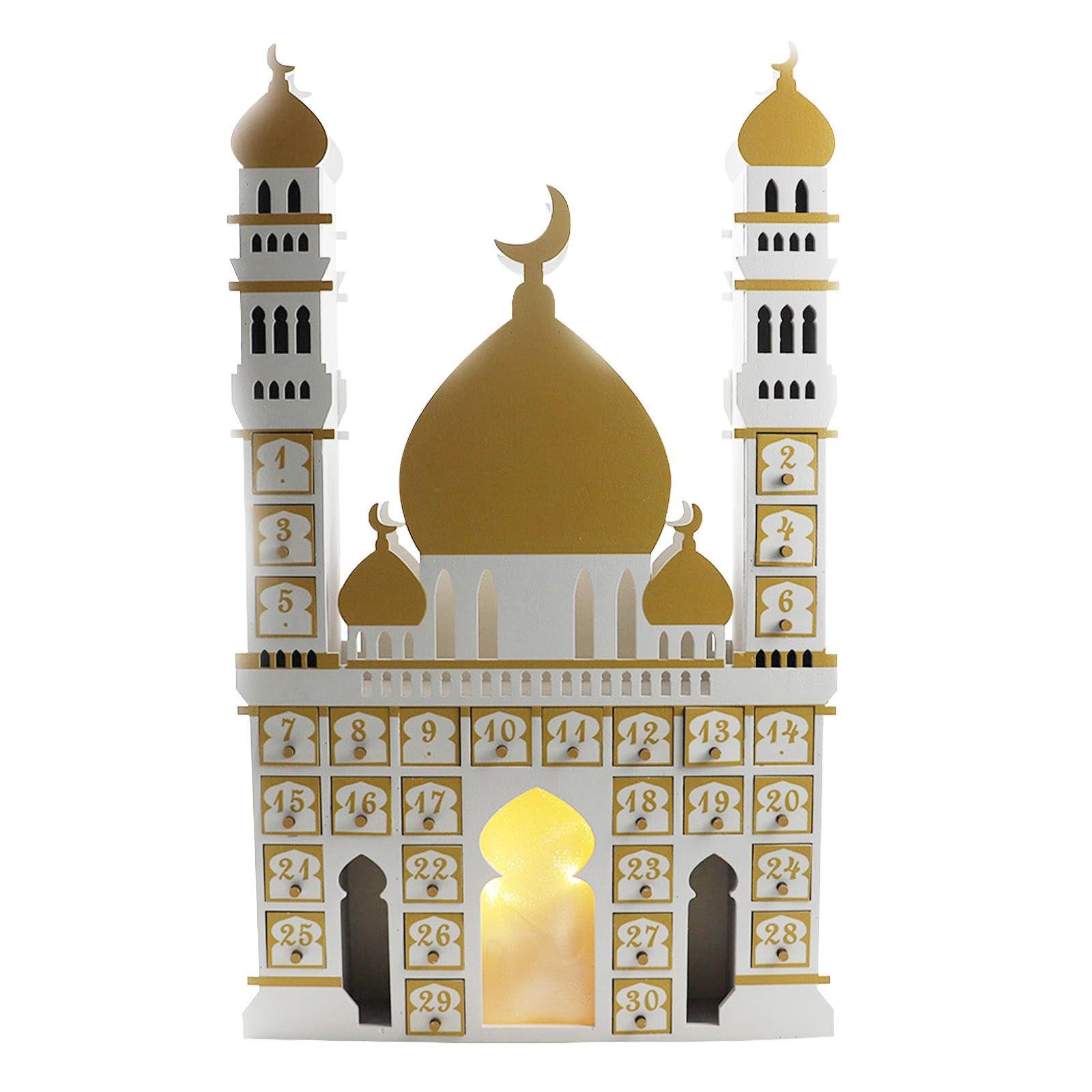 Holz LED Beleuchtung Eid Mubarak Adventskalender Dekoration mit Schubladen für Wohnzimmer Fest Büro Geschenk, Weiß