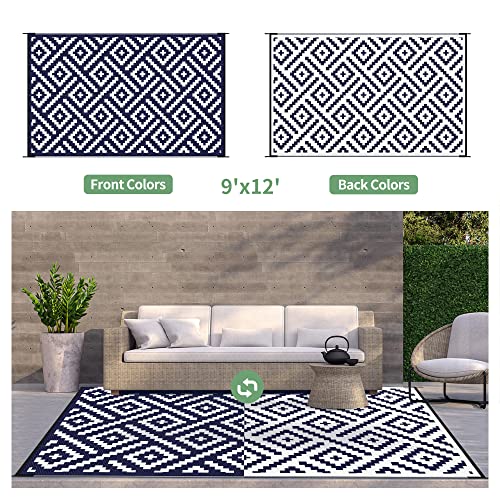 Image of GENIMO Outdoor Rug, Waterproof Plastic Rugs 9'x12' for Camping Blue White | Outside Larger Modern Carpet Mat for Porch Decor, Deck, Balcony, Camping, RV, Backyard, Picnic, Beach, Reversible, Foldable