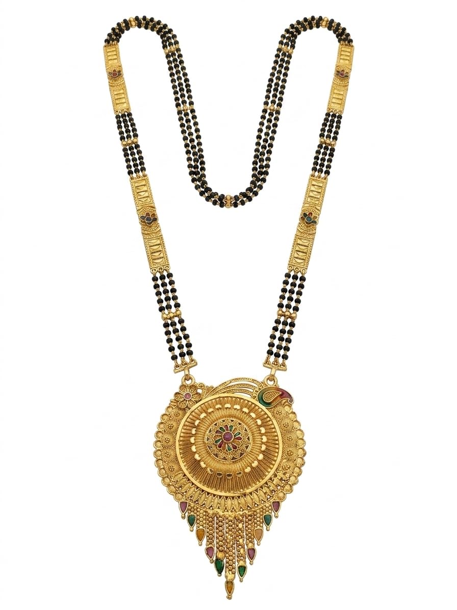 Ethnic Gold Plated Mangalsutra | Perfect Anniversary & Karwa Chauth Gift for Wife | Traditional Pendant with Vibrant Enamel Accents & Durable Black Bead Chain-image-28