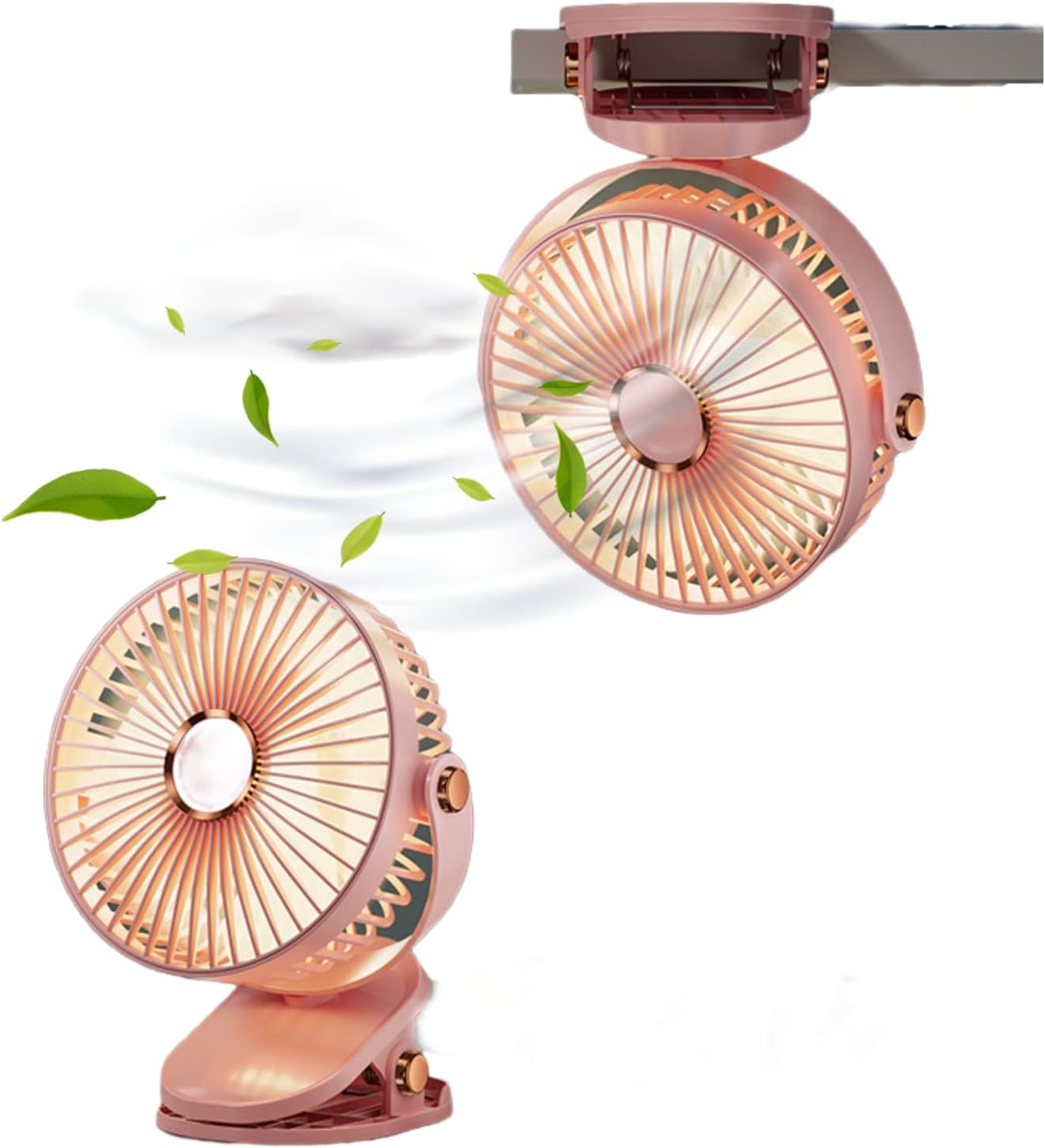 Ventilador de escritorio con clip con luces, recargable por USB, 2400 mAh, 5 niveles de velocidad de flujo de aire, ventilador personal portátil de