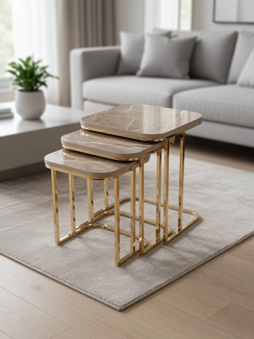 Dubrilux Nest Of Coffee Tables Set Of 3 Pieces, Square Sofa End Nesting Side Stacking Table Gold/Chrome Metal Frame & Tempered Glass or Wood Top, For Living Room (Sierra-gold)