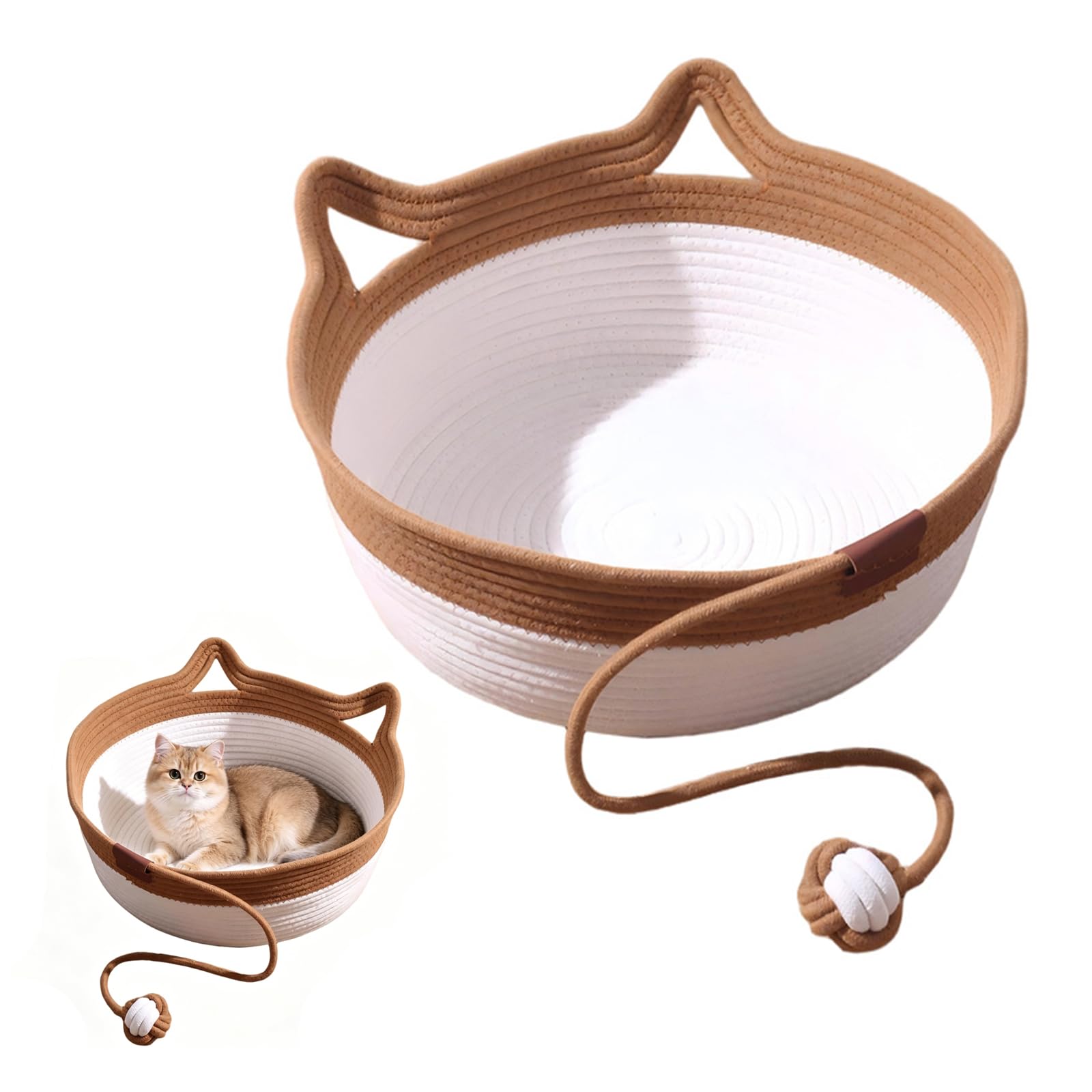 Katzenbett mit Seilball, 46x46x16 cm Rundes Katzenkorb aus Baumwollseilen, Atmungsaktiv Waschbar Drinnen Katzenkörbchen, Katzenhöhle für Alle Katzen und Welpen