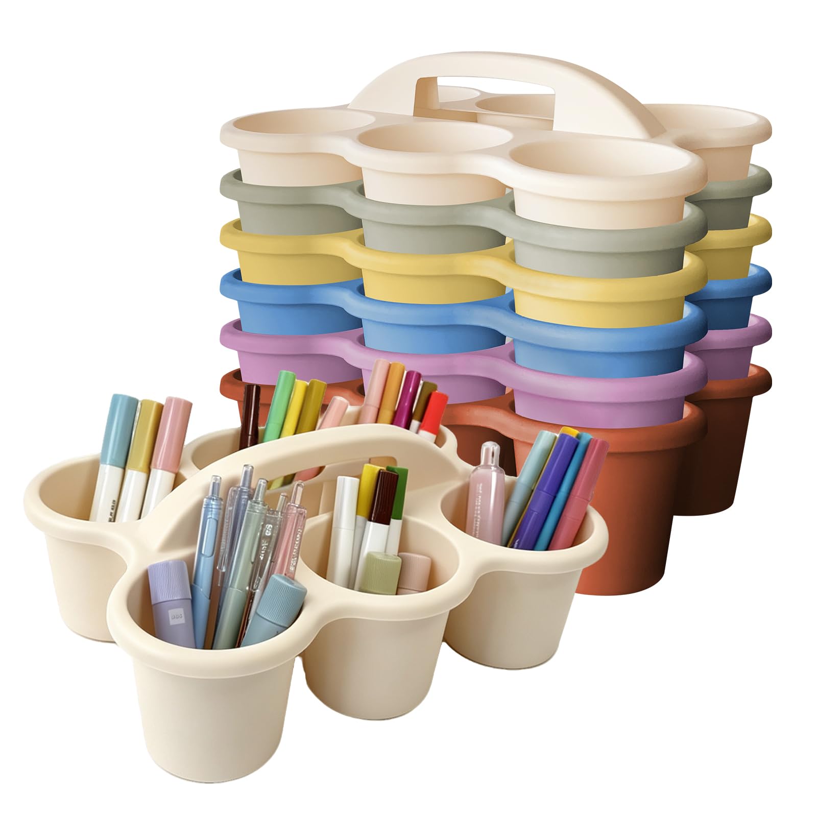 Confezione da 6 organizer da tavolo in plastica Macaron con manico, 6 scomparti, per forniture scolastiche, artigianato, pastelli, matite, impilabili, per ufficio e casa