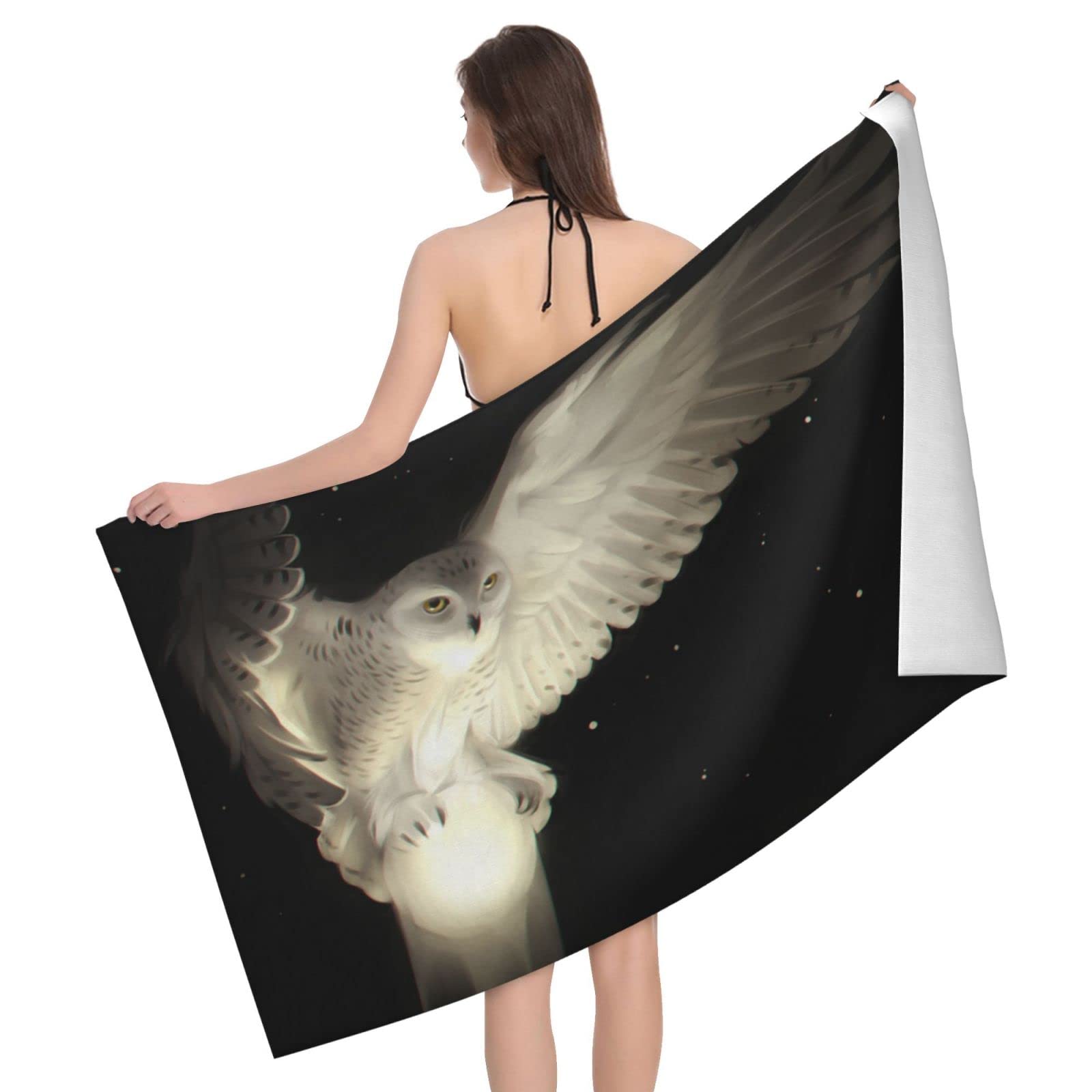 Lawenp White Owl Glows Beach Towel, Lightweight Sand Free Quick Dry Microfiber Absorbent Bath Towel for Kids, Adults, Swimming, Bath, Yoga, Pool, Travel, Camping 32"X52"