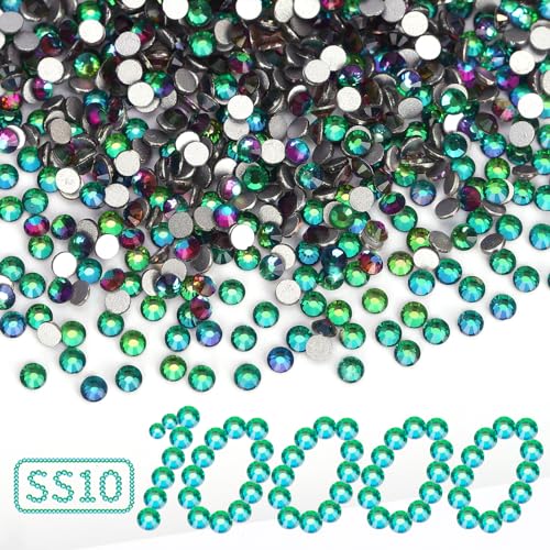 Image of 10000PCS Green Volcano Rhinestones Bulk, Flat Back Crystal Glass Stone Round Gems,SS10, 2.7-2.9mm