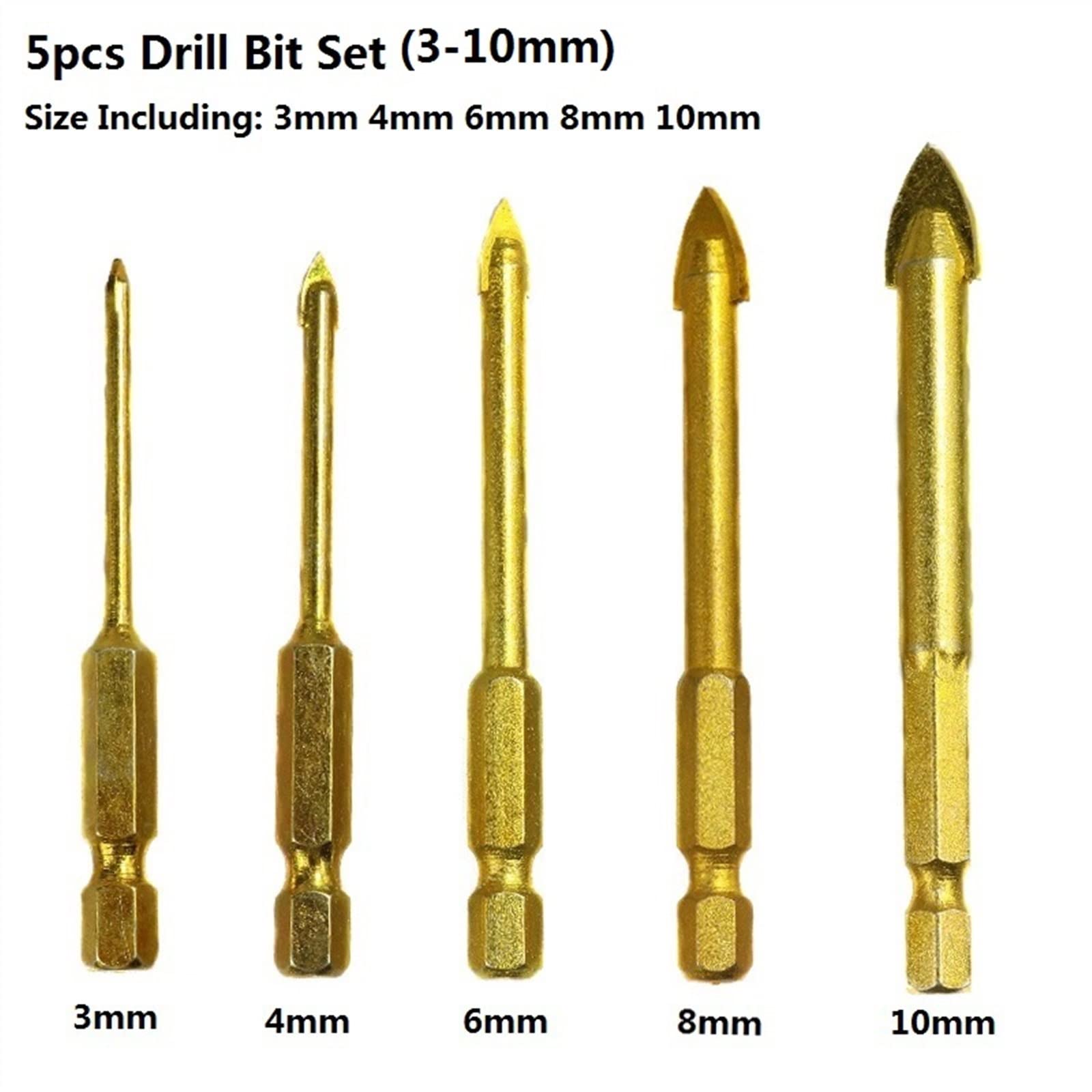 Carbide Glass Drill Bits Hex Shank Titanium Coated Power Tools Accessories Wall Glass Hole Drill 1Set(5pcs 3-10mm)