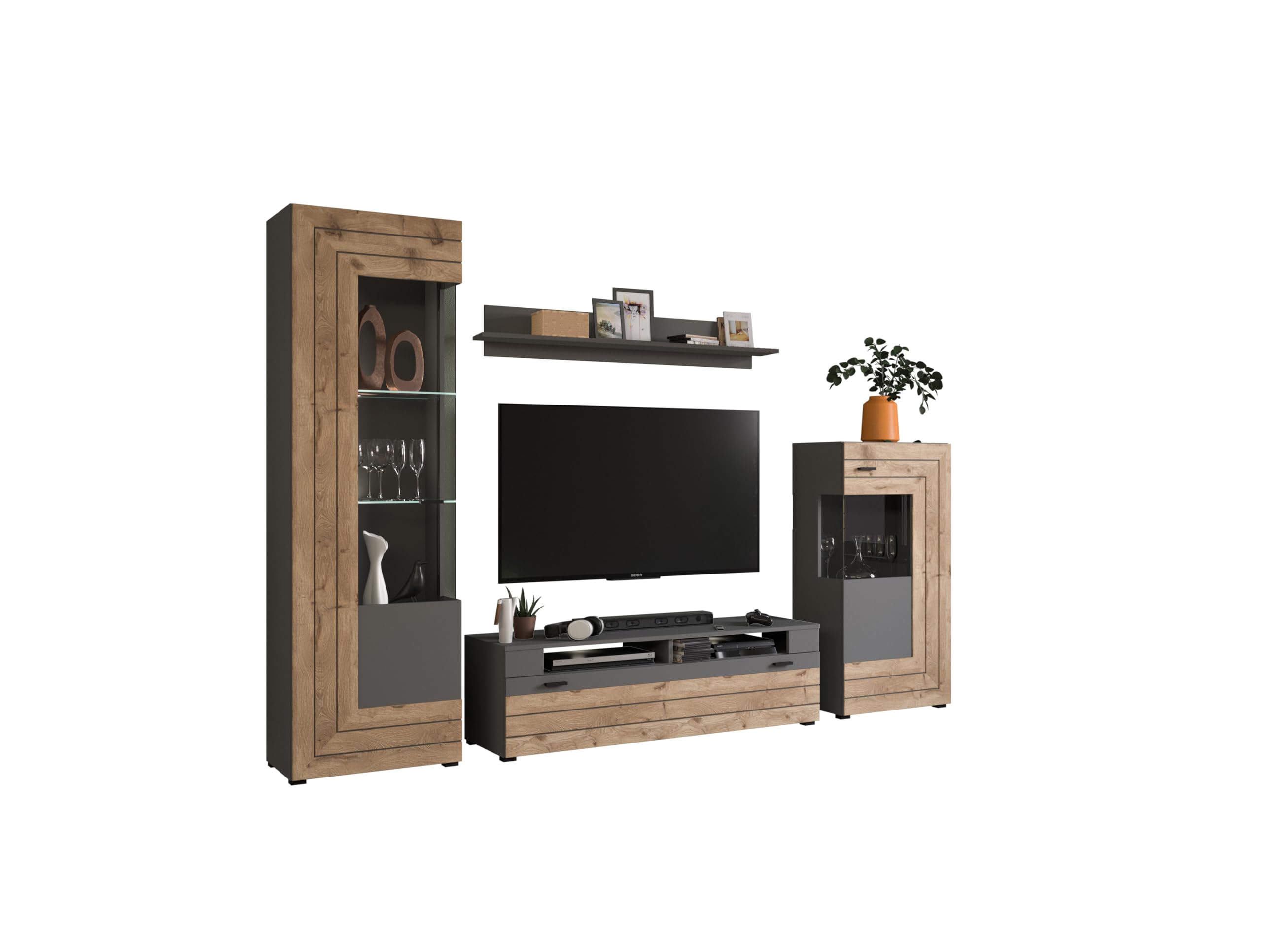 xonox.home - 4tlg. Kombination Freno 40x290x194 cm in grau Nb Absetzung Nox Oak Nb - Wohnkombination Wohnwand Wohnzimmermöbel Wohnzimmerschrank - modern und funktional