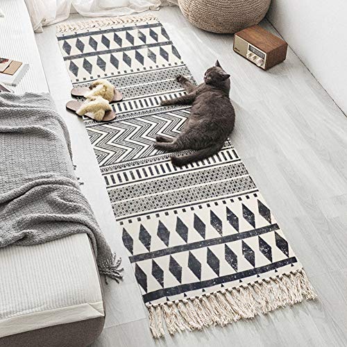 Ustide Ultra Long Cotton Area Rug With Tassel Hand Woven Printed Rug Kitchen Runner Washable Mat Entryway For Bedroom, Kitchen, Laundry Room (2.3Ftx6Ft, Black And Cream) #TOP27