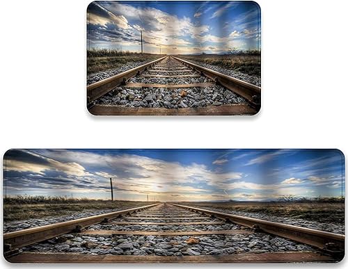 Miniatura 2 de Alfombras y tapetes de cocina, 2 piezas, tren de motor de vapor en vías de ferrocarril, tapete acolchado antifatiga, cómodo, impermeable,