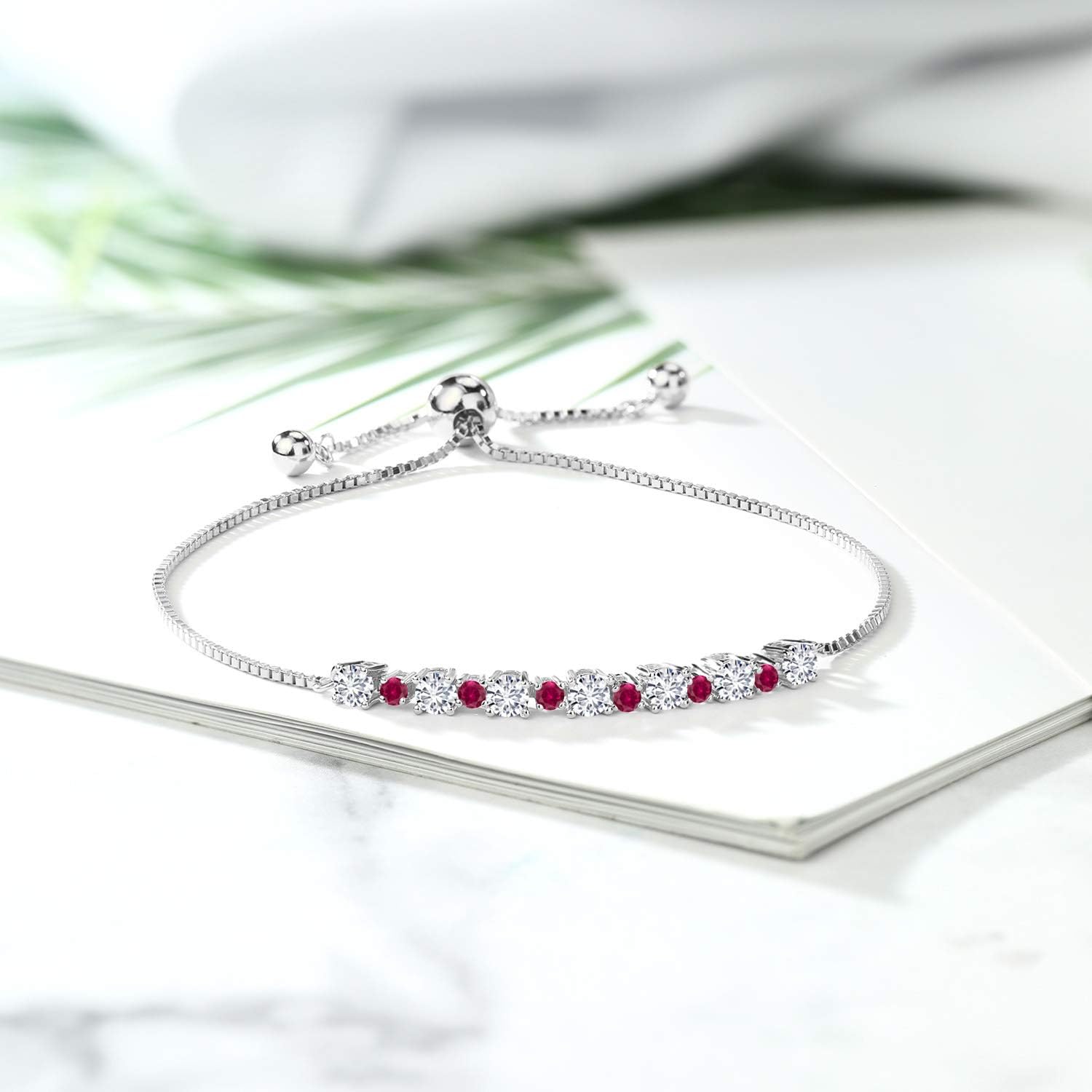 Gem Stone King 1.00 Cttw Round 3MM Lab Grown Diamond & 1.7MM Red Created Ruby 925 Sterling Silver Adjustable Tennis Bracelet for Women Up to 9 Inch