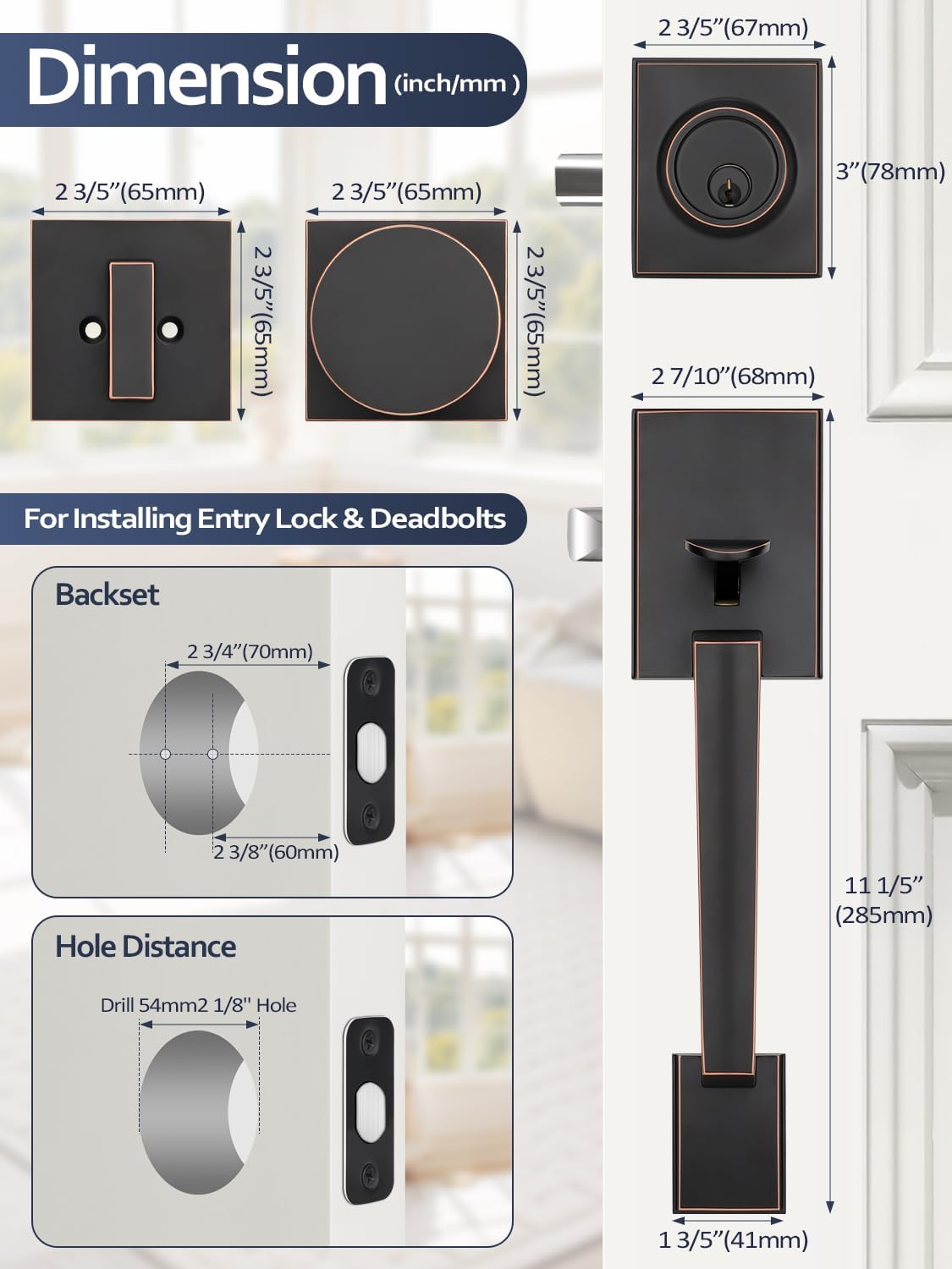 1 Pack Oil Rubbed Bronze Front Door Knob, Front Door Lock Set with Deadbolt, Reversible Exterior Door Handle, Adjustable Deadbolt Lock with Single Cylinder, Entry Door Lock Set for Left/Right Doors