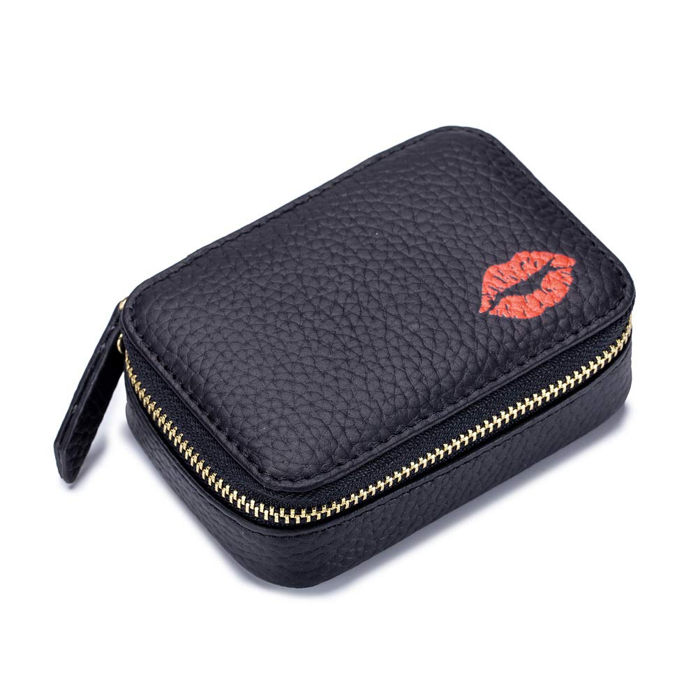 Aolaso Genuine Leather Lipstick Case with Mirror, Lipstick Organizer Mini Cosmetic Storage for Women, Black-style 2, 10 x 8 x 2.5 cm