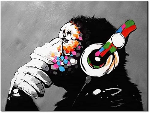 Miniatura 9 de Wieco Art Mono con auriculares Banksy DJ Chimp Arte pop mono cool arte abstracto impresiones en lienzo pinturas de pared para sala de estar