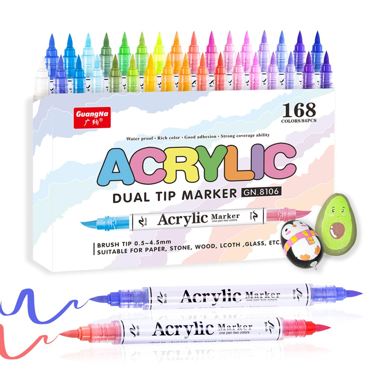 Akrylowe markery z podwójną końcówką, 168 kolorów, wodoodporne pisaki malarskie, szerokość linii 0,5-4,5 mm, do papieru, kamienia, drewna, szkła, tkaniny (168 kolorów)