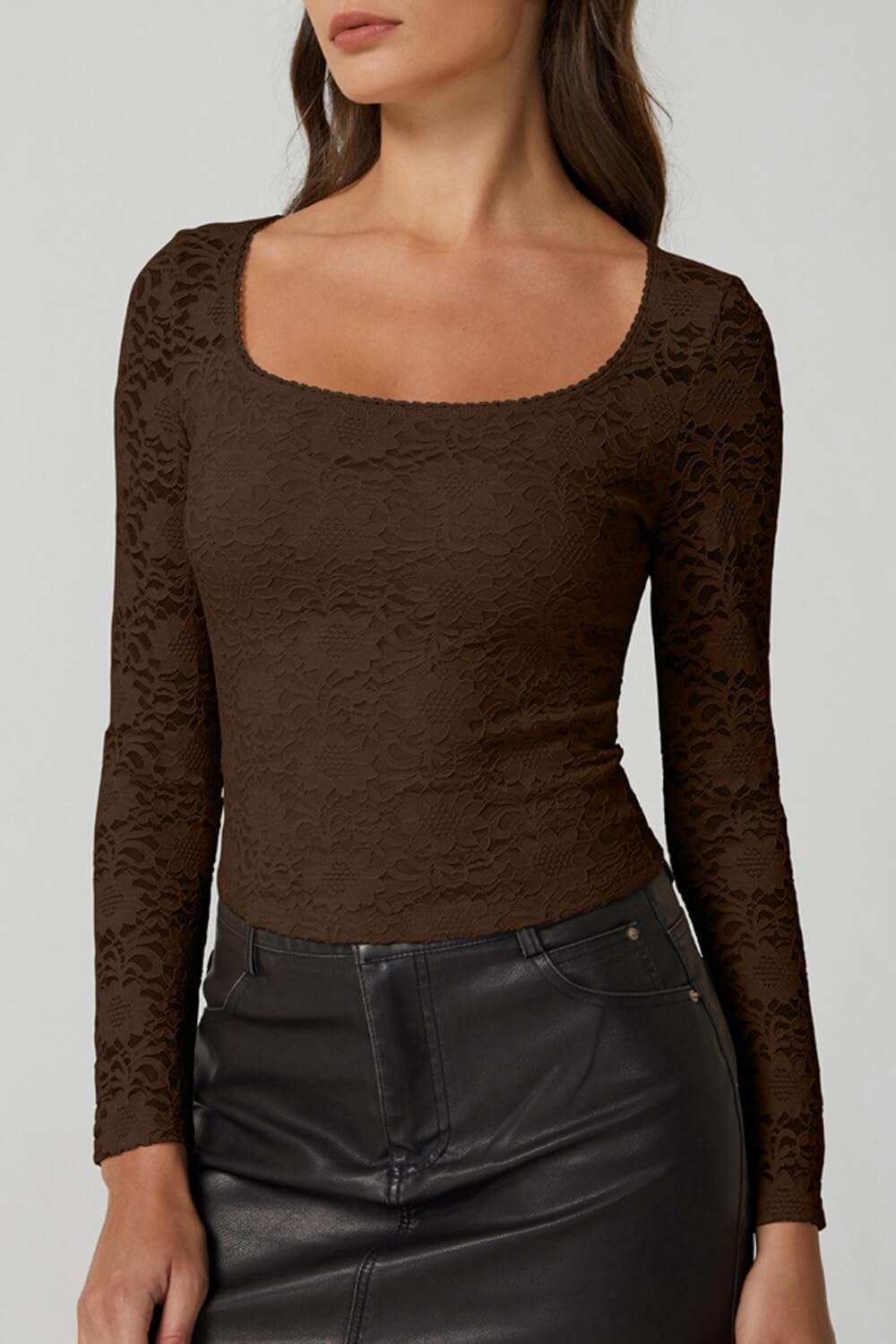 QINSEN Chic Floral Lace Crop Tops for Women Slimming Fit Long Sleeve Square Neck Going Out Basic Shirts - Image 4