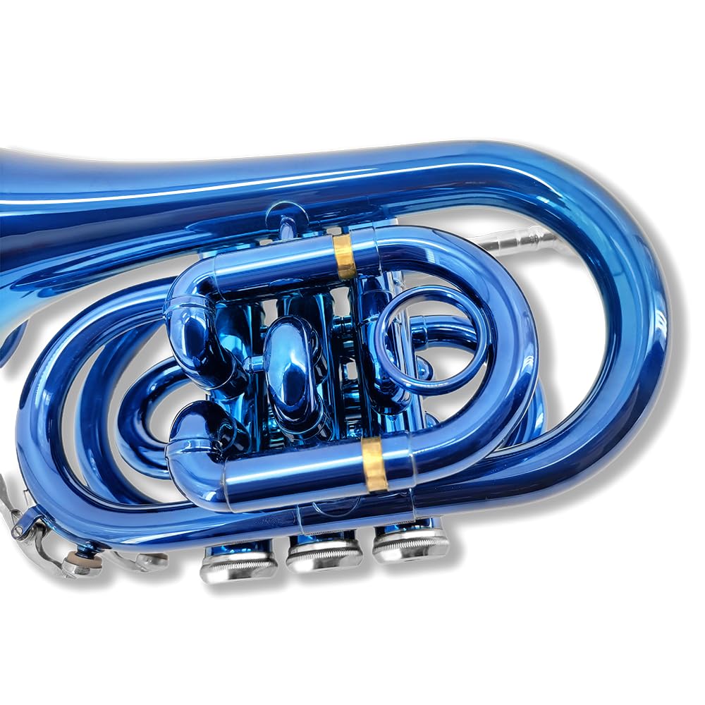 Trompette de poche musicale en si bémol standard pour trompette en cuivre laqué avec embouchure 7 C, étui rigide et embouchure (bleu)