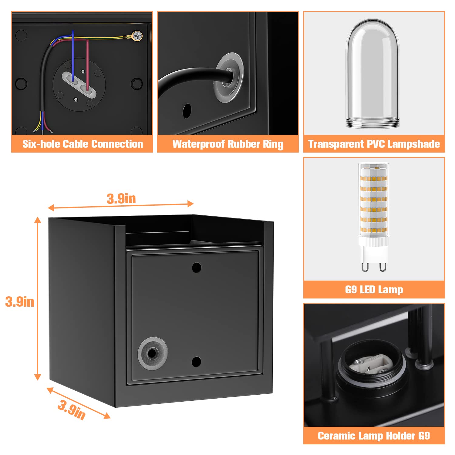 YrgePowk 4 Pezzi Applique da Parete con Lampadina Sostituibile G9 LED, Applique da Esterno IP65 Impermeabile Applique da Parete Interno 9W 6000K Bianco Freddo Angolo del Fascio Regolabile (Nero)