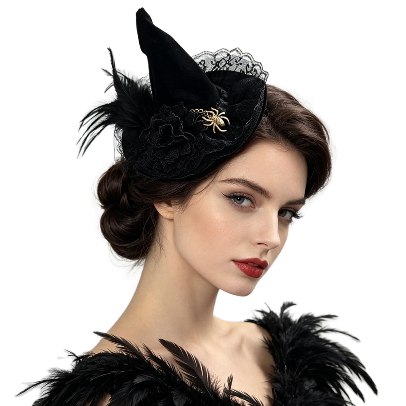 Xsdnvs Halloween Witch Hat Hair Clip Lace Trim Feather Gothic Hairpiece (Black, 12x19cm/4.72x7.48inches)