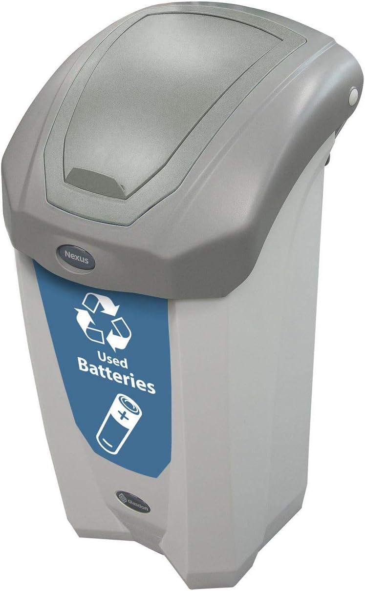Nexus 8G Battery Recycling Bin (Gray, Blue Sticker) – Small Plastic Disposal Bin for Used Batteries – 8-Gallon Battery Recycling Container with Grey Flip Lid