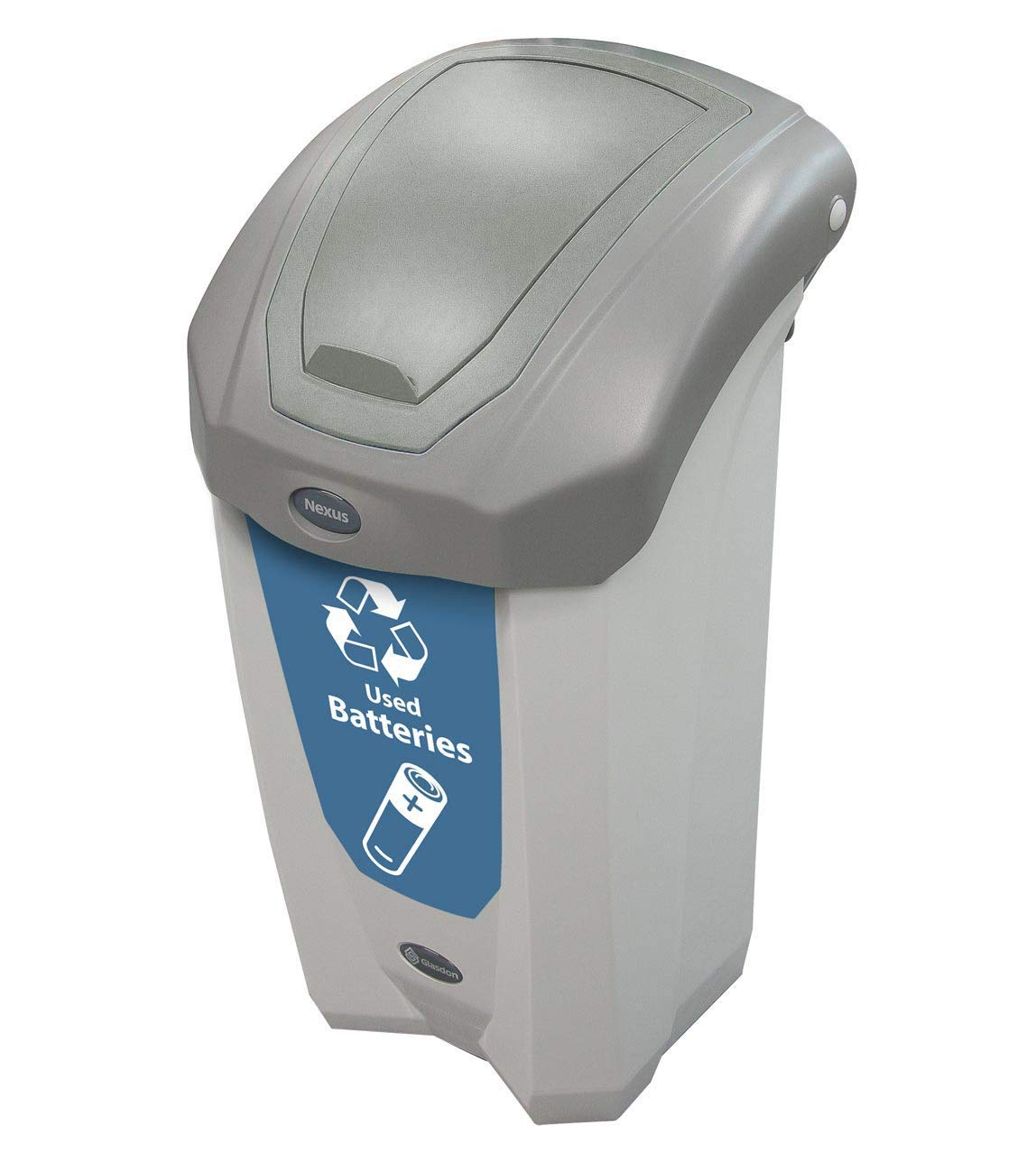 Nexus 8G Battery Recycling Bin (Gray, Blue Sticker) – Small Plastic Disposal Bin for Used Batteries – 8-Gallon Battery Recycling Container with Grey Flip Lid