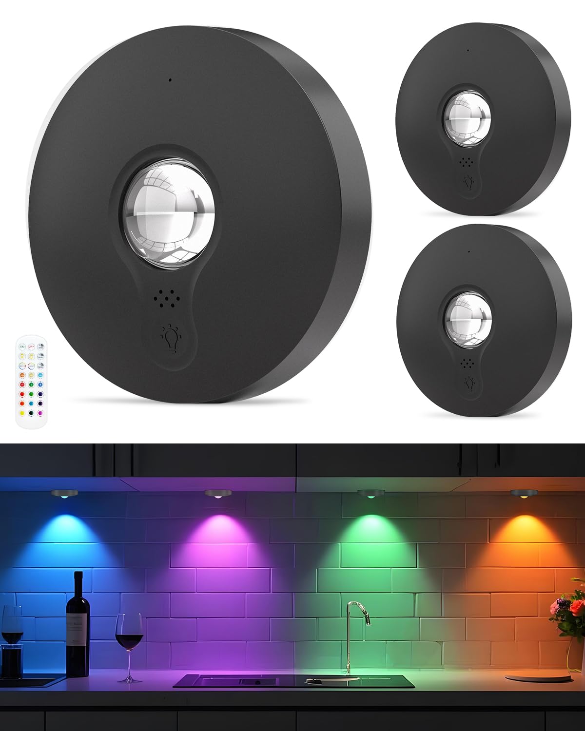USB Aufladbar LED Spots Akku mit Fernbedienung, RGB Farbwechsel Unterbauleuchte, Magnetisch Dimmbar LED Schrankbeleuchtung, Kabellos Vitrinenbeleuchtung mit Timing Funktion Schwarz (3er Pack)