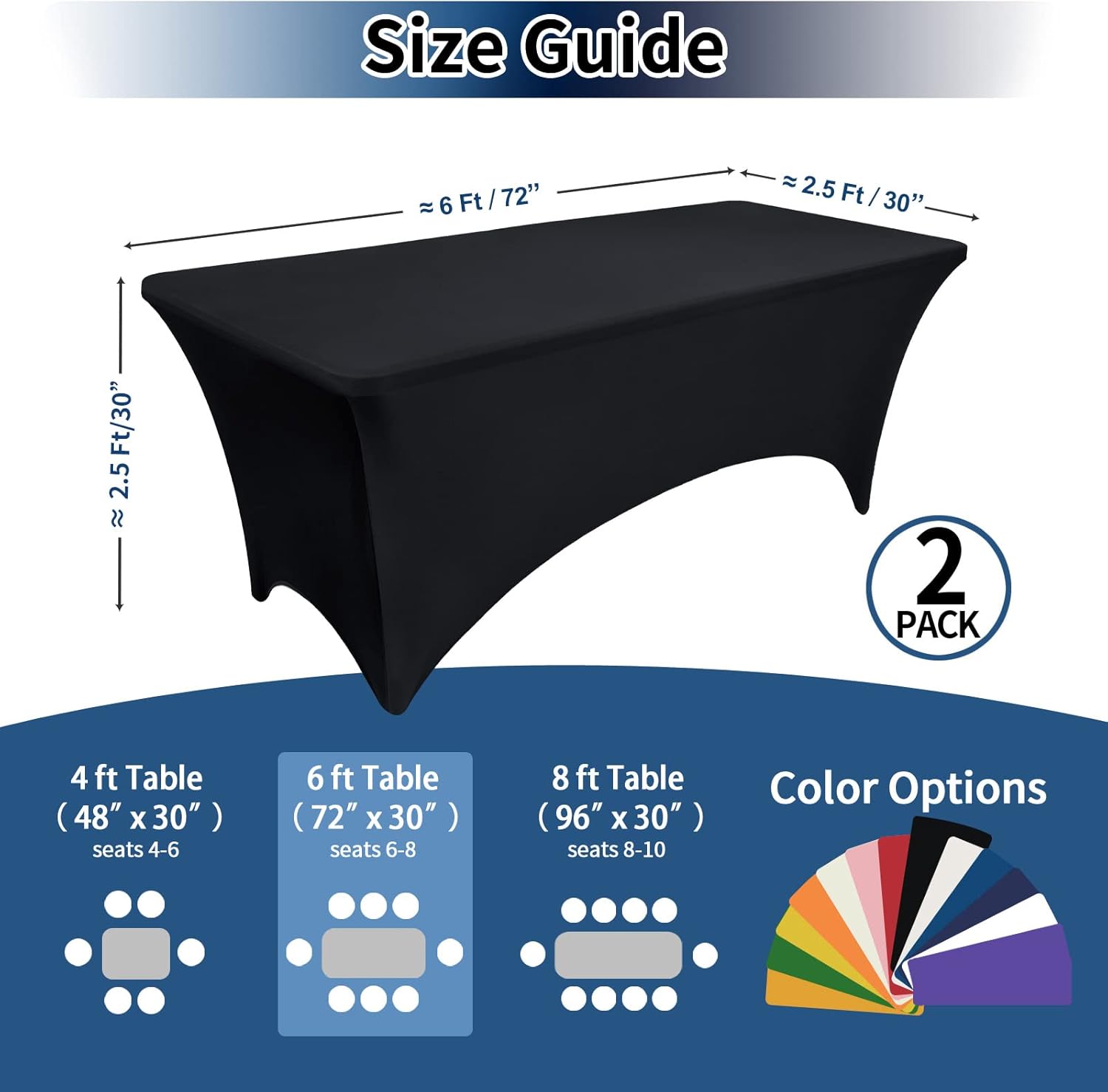 PureFit Spandex Black Table Covers 6ft Fitted Table Clothes for 6 Foot Rectangle Tables, Elastic Massage Table Cover, Stretch Wrinkle Free Tablecloth for Party, Wedding, Birthday, Vendor Stand, 2 Pack
