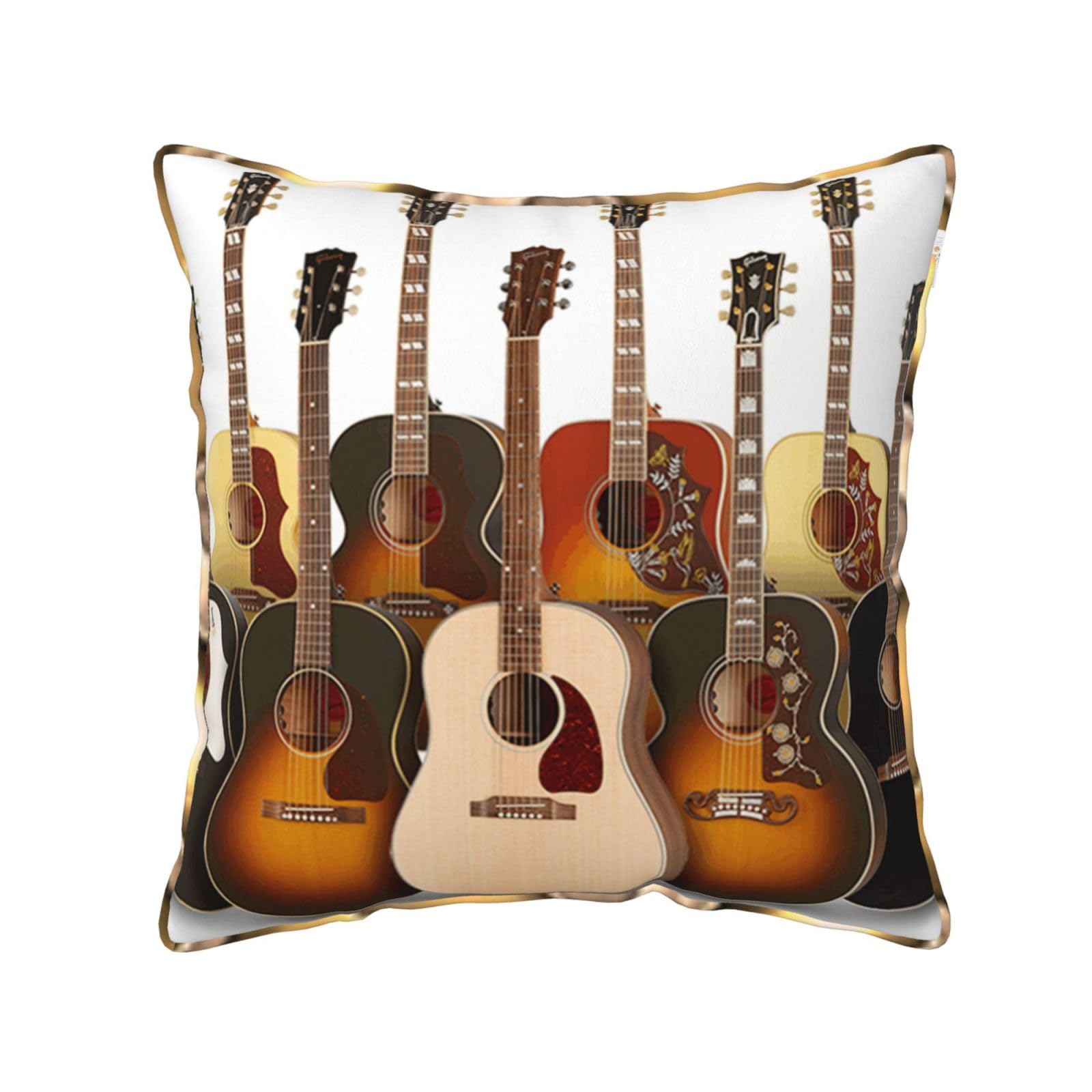 AUBKFELD Guitar Printed Velvet Cushion Cover 50x50 CM with Gold Edging Strip, Square Pillowcase Soft Throw Pillow Covers Case Decorative for Living Room Sofa Couch Bed Bench