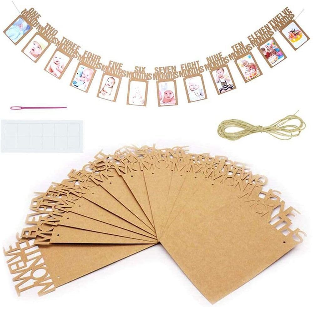12-Month Photo Banner One Year Birthday Picture Frame Clip Garland Anniversary Party Decoration(Khaki)
