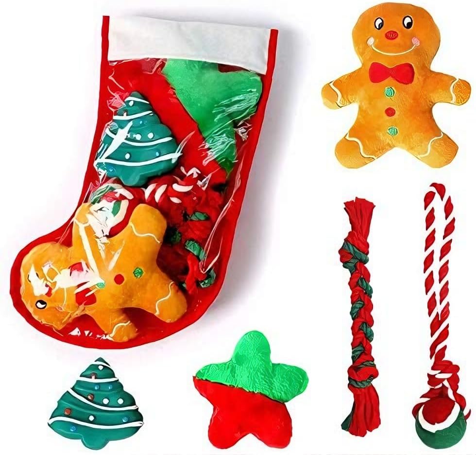 Christmas Dog Stocking Gifts Set - Festive Puppy Stocking Variety Pack with Squeaky Toy, Cotton Knotted Rope Toy - 5 Packs