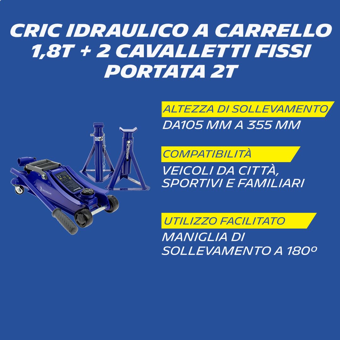 MICHELIN Kit Cric Idraulico a Carrello 1,8T con 2 Cavalletti Fissi 2T