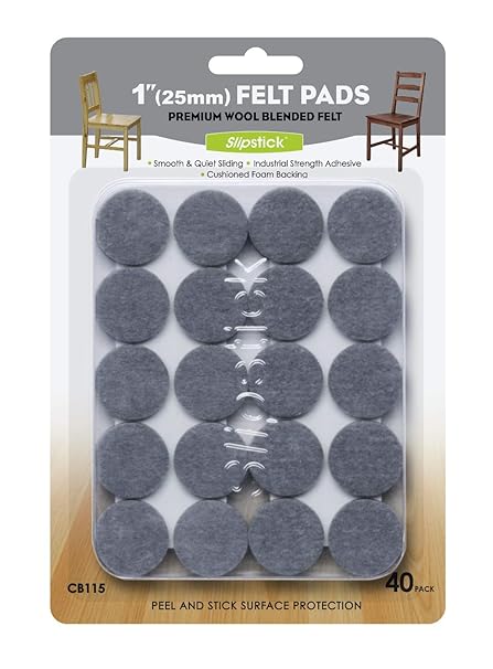 Slipstick Premium Wool Felt Furniture Pads/Floor Protectors (1 Inch Round Value Pack) Includes 40 Heavy-Duty Felt Chair Leg Pads with Self-Stick Adhesive, Gray, CB115