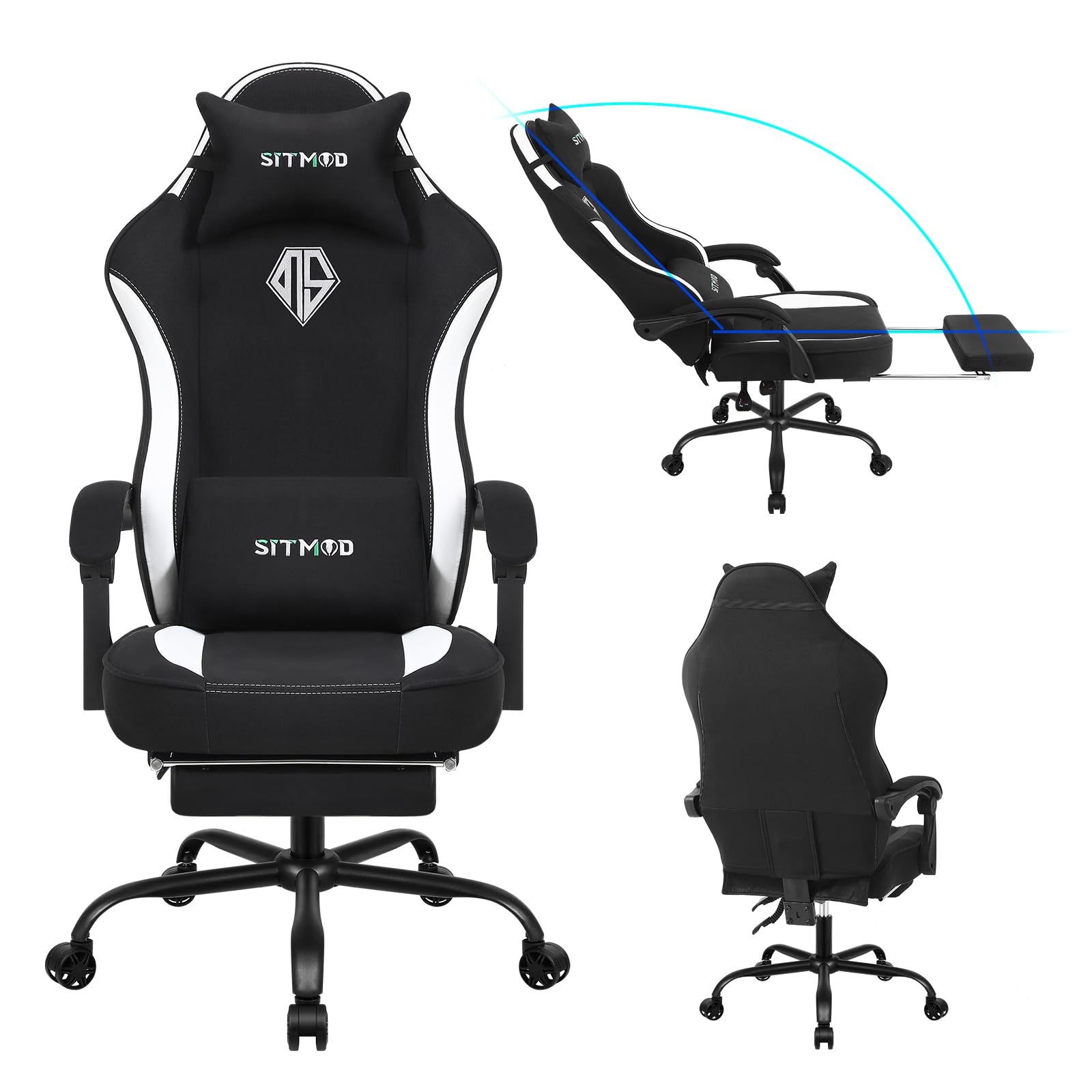 SITMOD Fabric Gaming Chair with Footrest, High Back PC Video Game Chair with Pocket Spring, Ergonomic Computer Desk Chair with Linkage Armrests, Modern Reclining Gamer Chair, Black&White