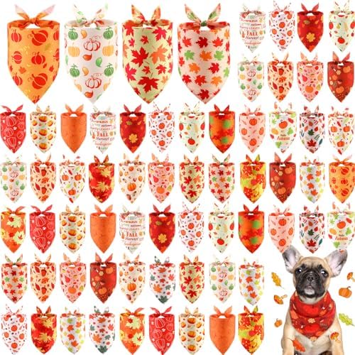 Chunful 60 Pcs Thanksgiving Fall Bandanas for Dogs ​Autumn Maple Leaf Pumpkin Patterns Soft Bibs Adjustable Triangle Doggie Scarf for Small Medium Large Pet Costume(25.6 x 17.7 x 17.7 Inch)