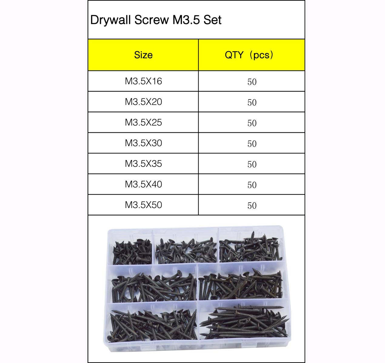 Trockenbauschrauben, Schraube, selbstschneidende Kreuzschlitzschraube, Schlichtes schwarzes Phosphat, grobes metrisches Gewinde, Trockenbau-Holzschrauben-Sortiment-Set, M3,5, M3,5-Set