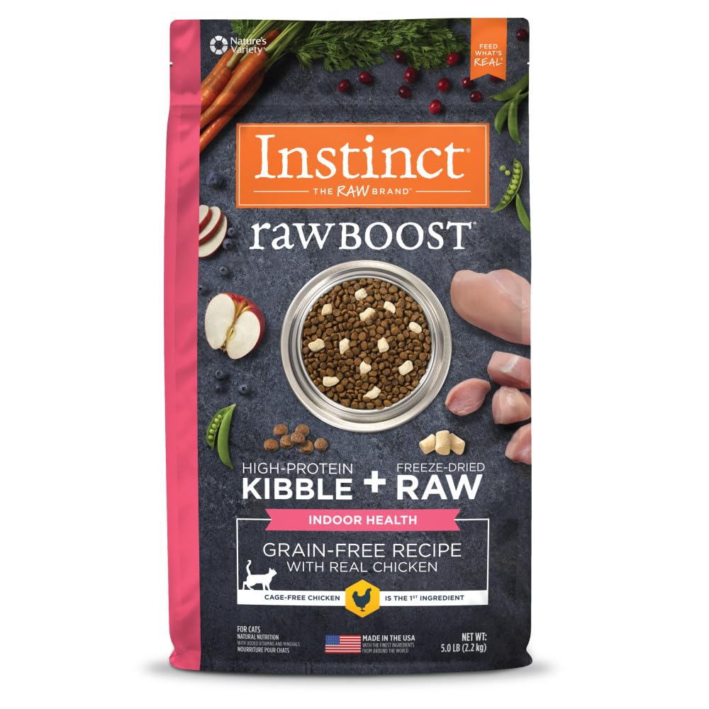 Raw Boost Indoor Health, Natural Dry Cat Food with Freeze Dried Pieces, Grain Free Recipe - Real Chicken, 5 lb. Bag