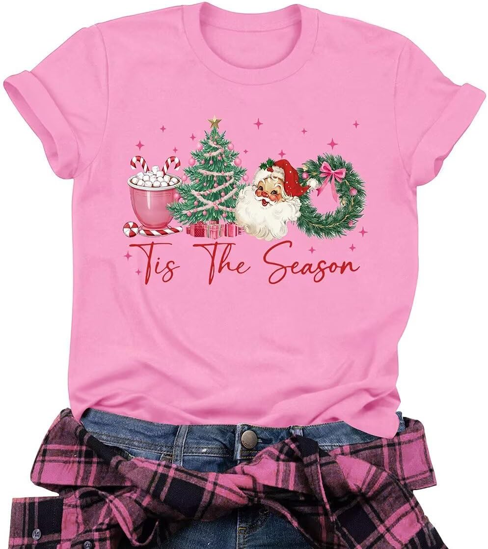 Christmas Shirt for Women Casual Christmas Party Holiday Short Sleeve Tee Xmas Tree Funny Printed Gift Tshirt