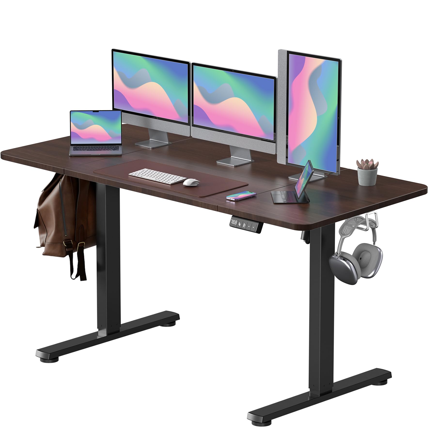 VOSATRON Elektrisch Höhenverstellbarer Schreibtisch 160x60cm Schreibtisch Höhenverstellbar mit Memory-Steuerung und Anti-Kollision Technologie, Rollen, Spleißbrett, Schwarz Rahmen/Mahagoni Tischplatte
