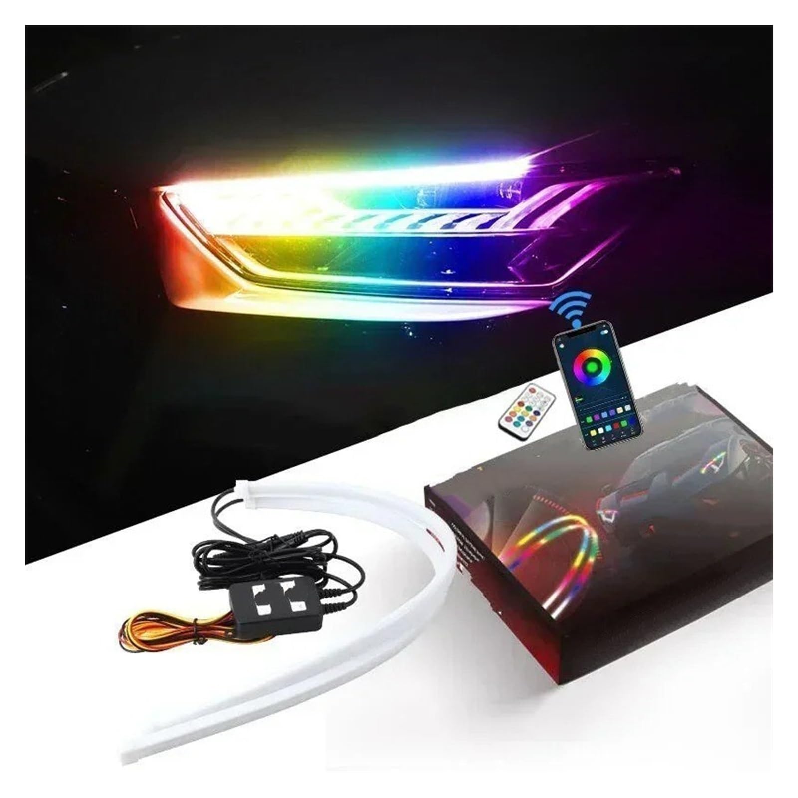 Auréoles pour auto Feu Jour LED DRL Pour Voiture 12V Contrôle Par Application Flexible Symphonie RGB Bande Clignotant Coulant Lampe Décorative Anneaux halo LED(30cm)