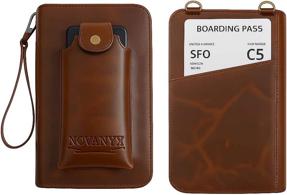NOVANYX 100% Genuine Cowhide Leather Passport Holder For Travelers & Tech Accessories Bag Combo – All in one Travel Organizer with Phone Holster, RFID Wallet, Power Bank Holder & Luxury Gift Box