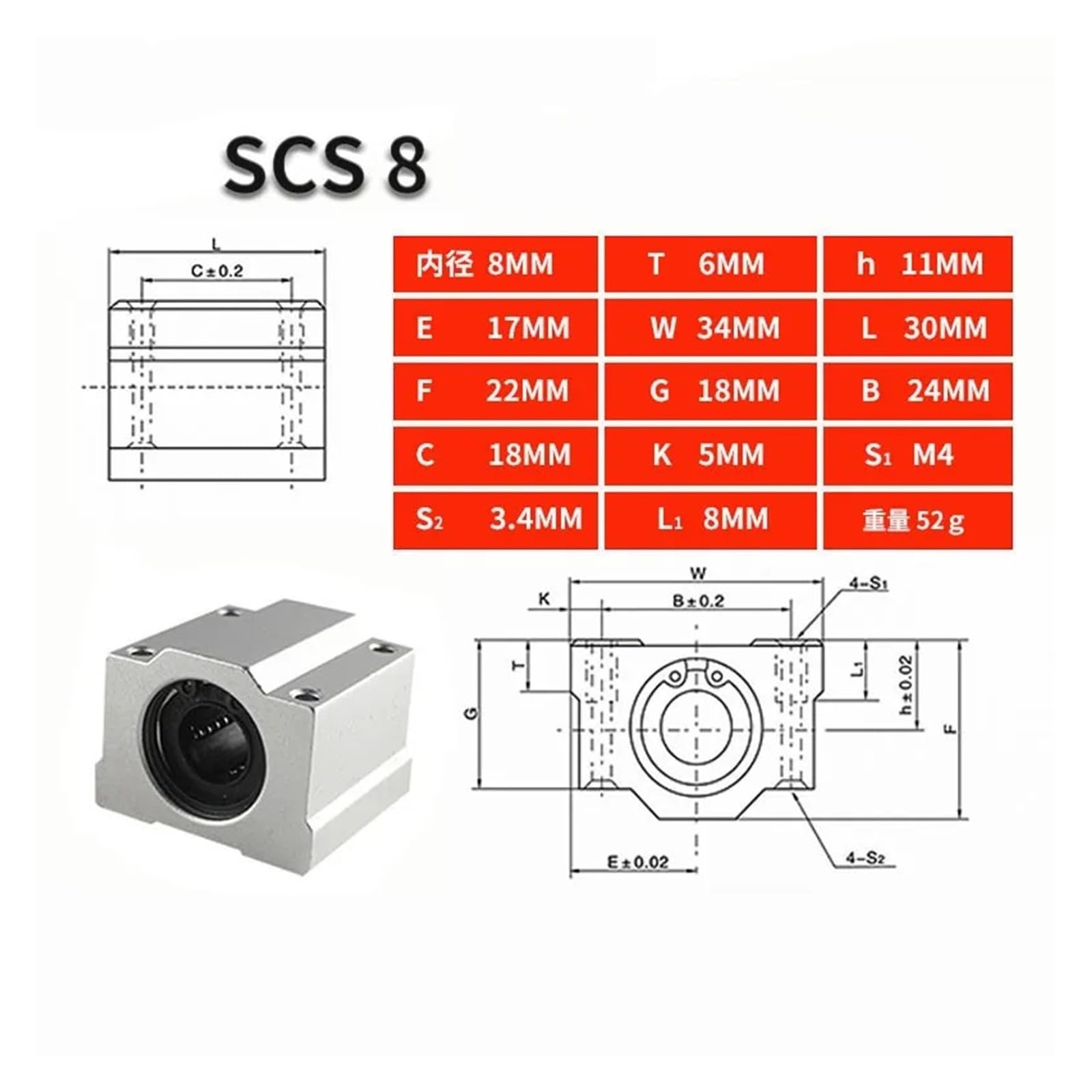 SC8UU SCS8LUU - Bloque de rodamiento de bolas lineal de 8 mm, enrutador CNC SCS10 SCS10LUU SCS12LUU SCS13LUU para ejes de impresora 3D CNC (SCS12LUU)