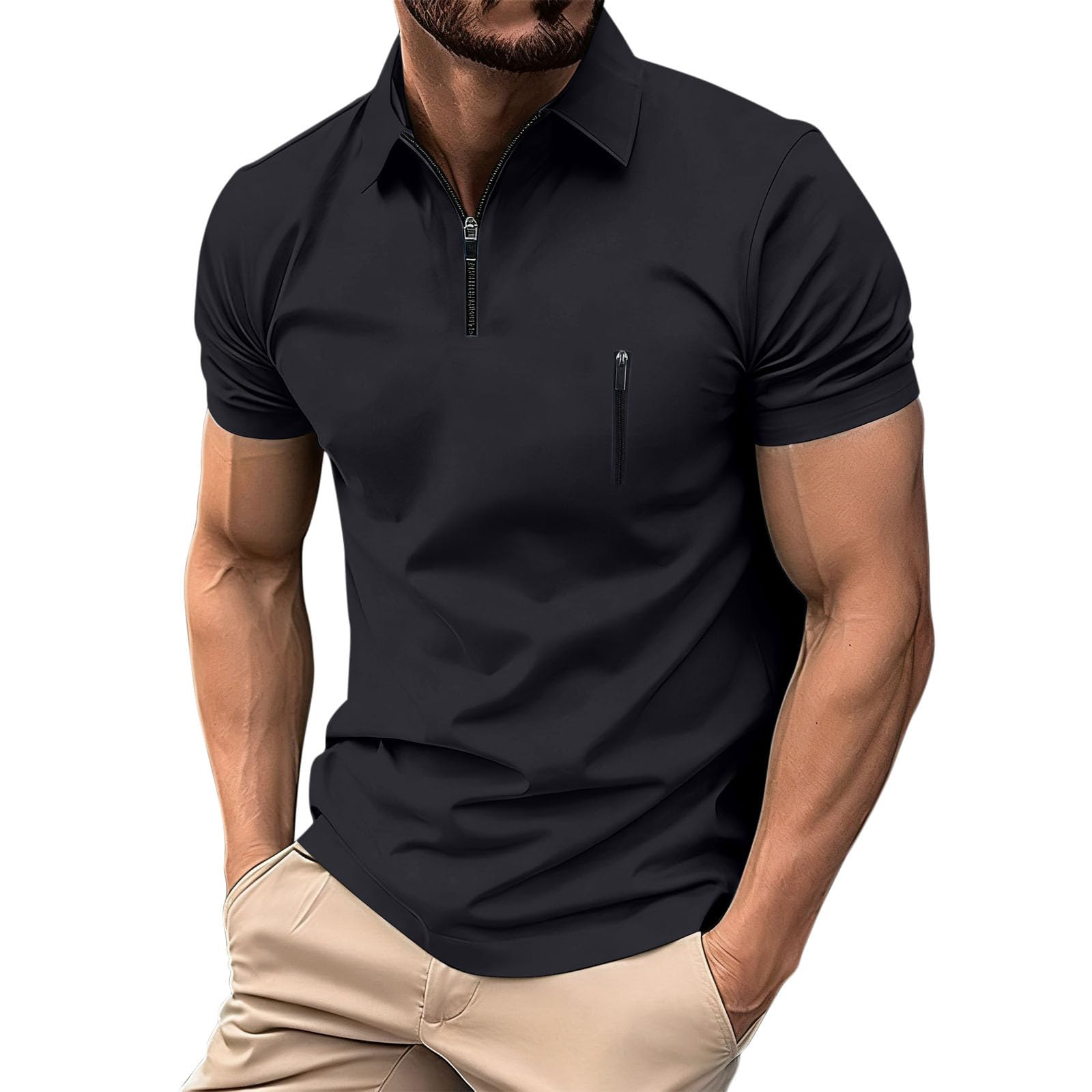 Polo Shirts for Men Adult Golf Polos Smart Polo Tshirt Zip Golf Shirts Basic Golf T-Shirts Stretch Poloshirt T Shirt Comfort T-Shirt Sports Wear Classic Tee Shirt Workwear Black M