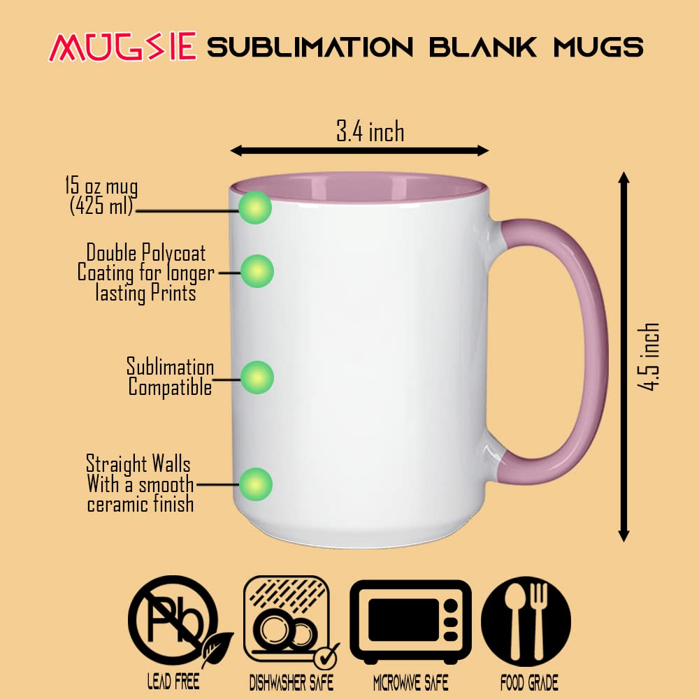 Case Of 6 - 15 Oz El Grande Pink Inner/Handle White Ceramic Sublimation Coffee Mugs With Shipping Box
