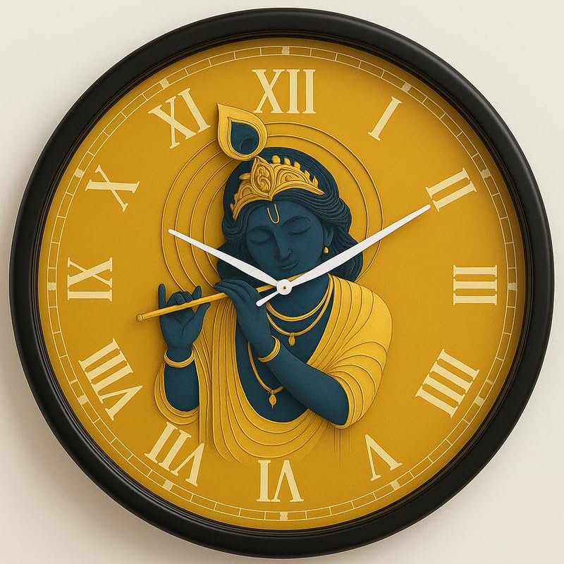 TIKAM Enterprises, 10 Inch Round, Lord Krishna Yellow Theme Plastic Wall Clock-image-16